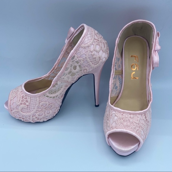Pink Lace heels Peep Toe Rhinestone Platform Shoes - Picture 3 of 12